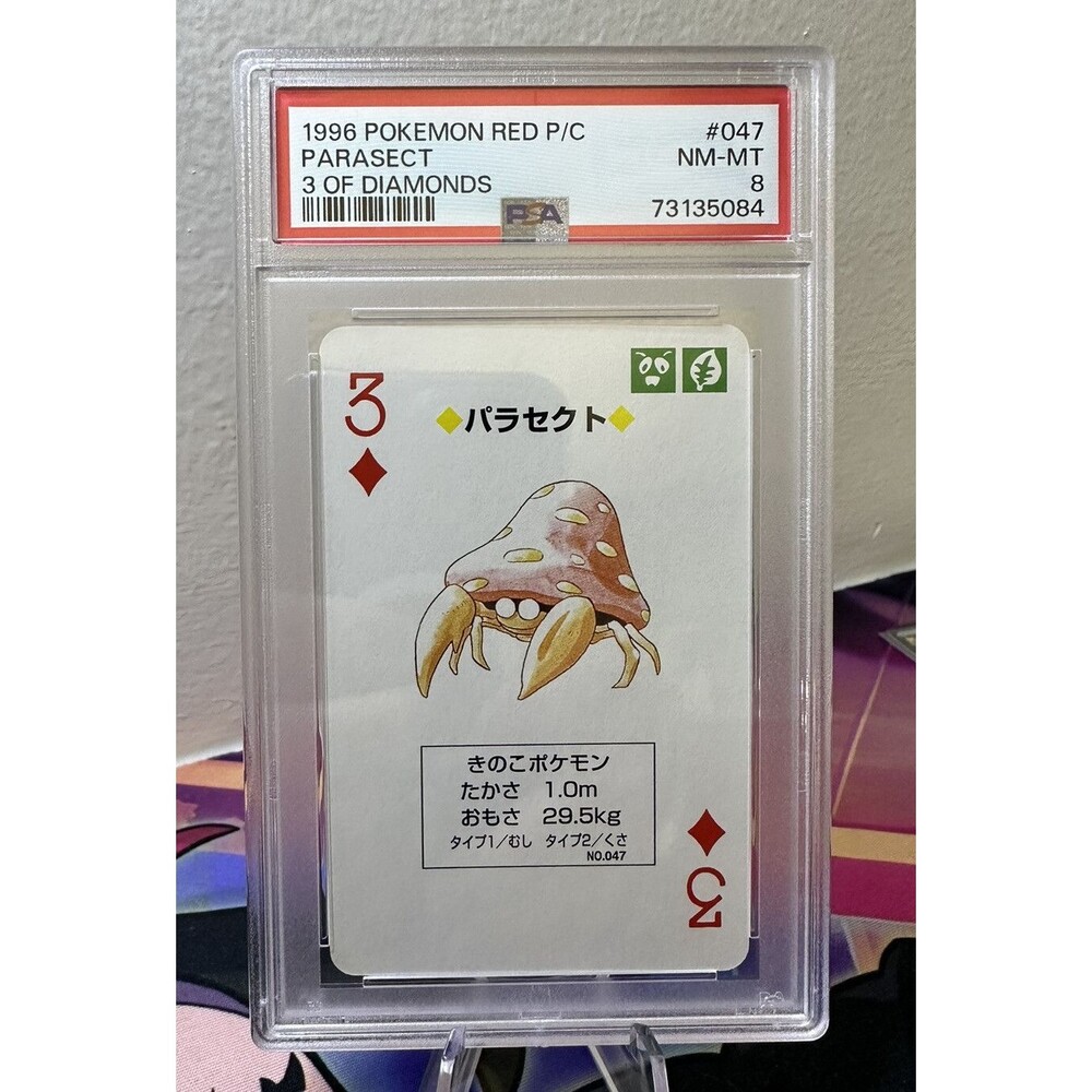 1996 Pokémon Paras Red Back Poker Playing Card 3 of Diamonds- PSA 8